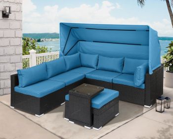 Rattan Furniture Daybed with Canopy 7 Pieces Outdoor Day Bed Wicker Sectional Sofa Set (Color: 7 Pieces Blue)