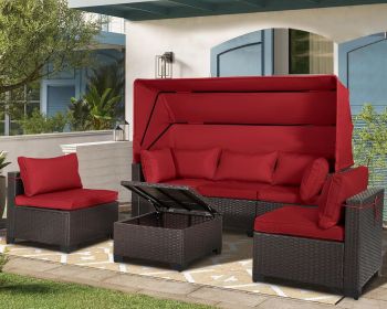 Rattan Furniture Daybed with Canopy 7 Pieces Outdoor Day Bed Wicker Sectional Sofa Set (Color: 6 Pieces Red)