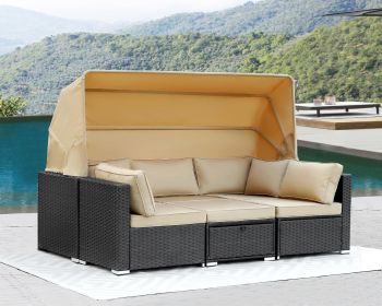 Rattan Furniture Daybed with Canopy 7 Pieces Outdoor Day Bed Wicker Sectional Sofa Set (Color: 6 Pieces Drak Khaki)