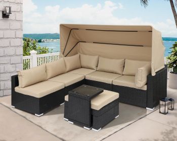 Rattan Furniture Daybed with Canopy 7 Pieces Outdoor Day Bed Wicker Sectional Sofa Set (Color: 7 Pieces Khaki)