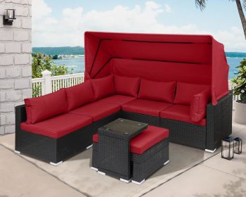 Rattan Furniture Daybed with Canopy 7 Pieces Outdoor Day Bed Wicker Sectional Sofa Set (Color: 7 Pieces Red)